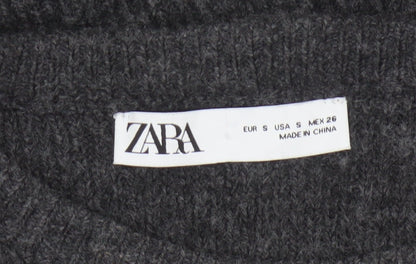Zara Women Grey S Round Neck Knit Pullover Jumper Long Sleeve