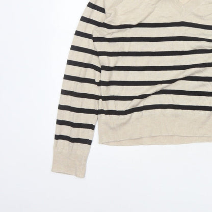 Mango Women Beige Black Striped V-Neck Knit Pullover Jumper UK 14