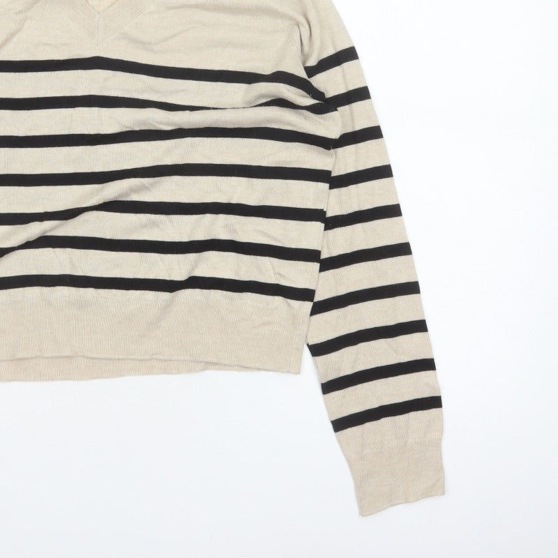 Mango Women Beige Black Striped V-Neck Knit Pullover Jumper UK 14