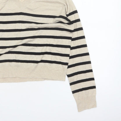 Mango Women Beige Black Striped V-Neck Knit Pullover Jumper UK 14