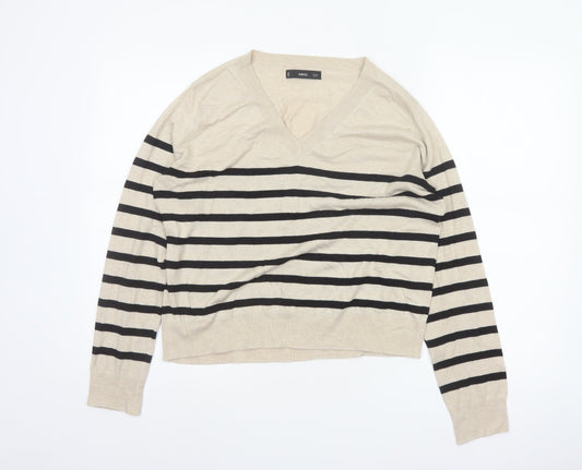 Mango Women Beige Black Striped V-Neck Knit Pullover Jumper UK 14