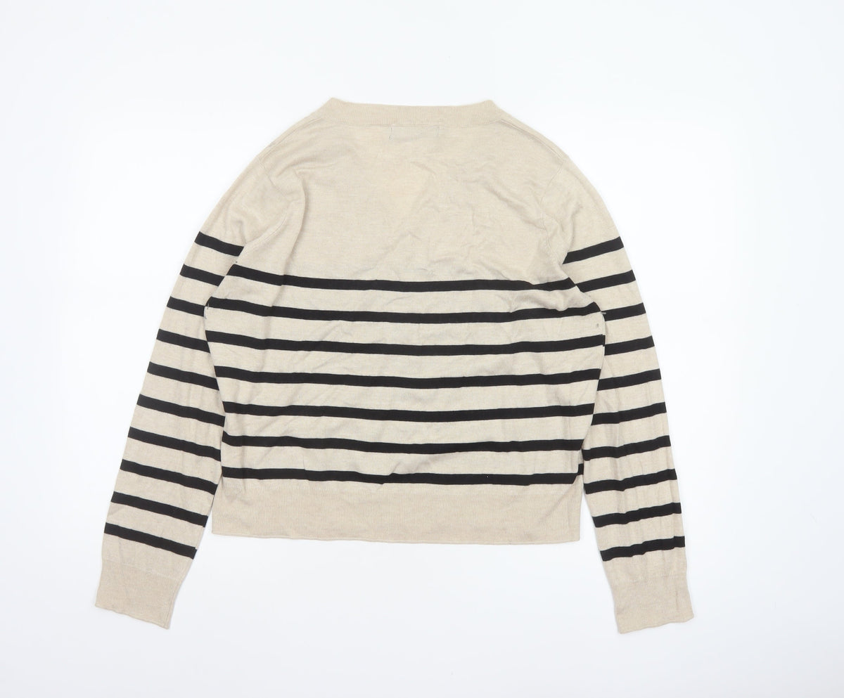 Mango Women Beige Black Striped V-Neck Knit Pullover Jumper UK 14