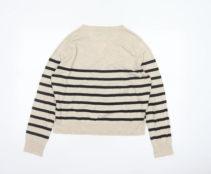 Mango Women Beige Black Striped V-Neck Knit Pullover Jumper UK 14