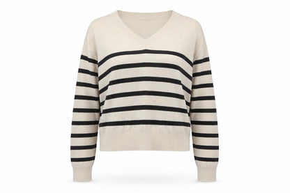 Mango Women Beige Black Striped V-Neck Knit Pullover Jumper UK 14