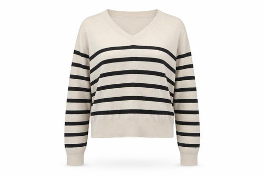 Mango Women Beige Black Striped V-Neck Knit Pullover Jumper UK 14
