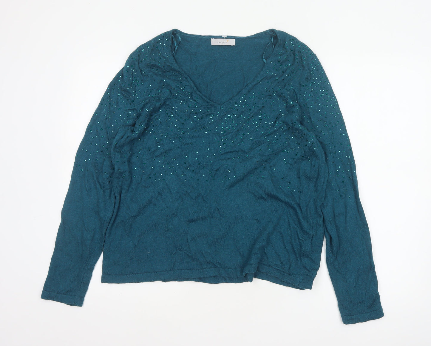 M&S Women Blue UK 18 V-Neck Sequin Knit Pullover Jumper