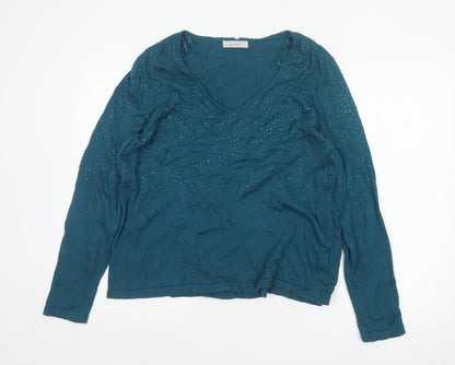 M&S Women Blue UK 18 V-Neck Sequin Knit Pullover Jumper