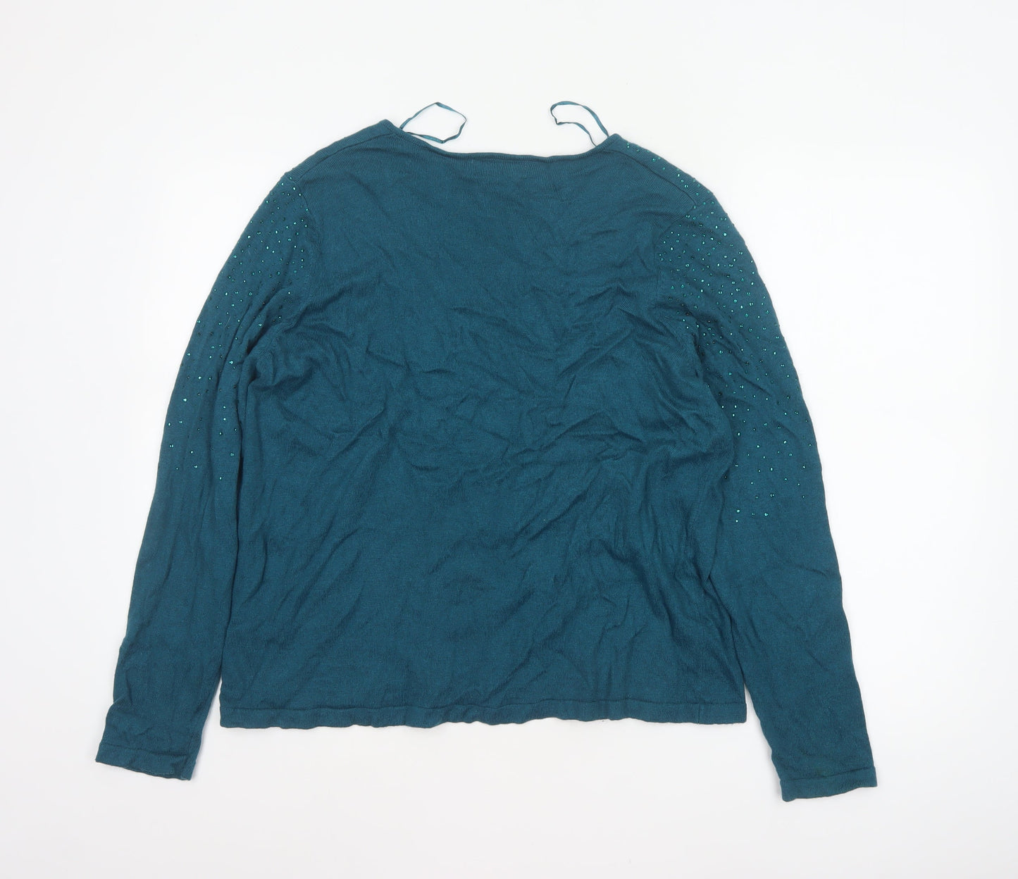 M&S Women Blue UK 18 V-Neck Sequin Knit Pullover Jumper