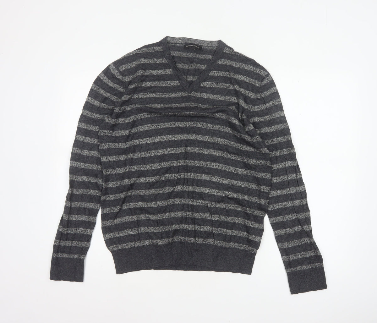 Banana Republic Men’s Grey Striped V-Neck Knit Pullover Jumper L