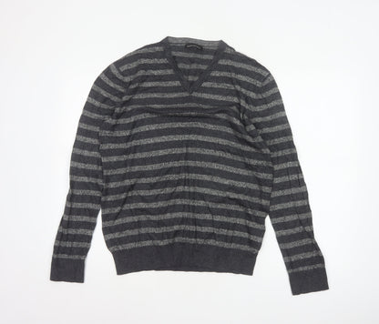Banana Republic Men’s Grey Striped V-Neck Knit Pullover Jumper L
