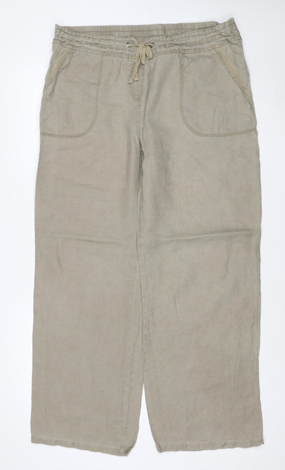 M&S Women Beige Linen Wide Leg Drawstring Trousers UK 18 Long