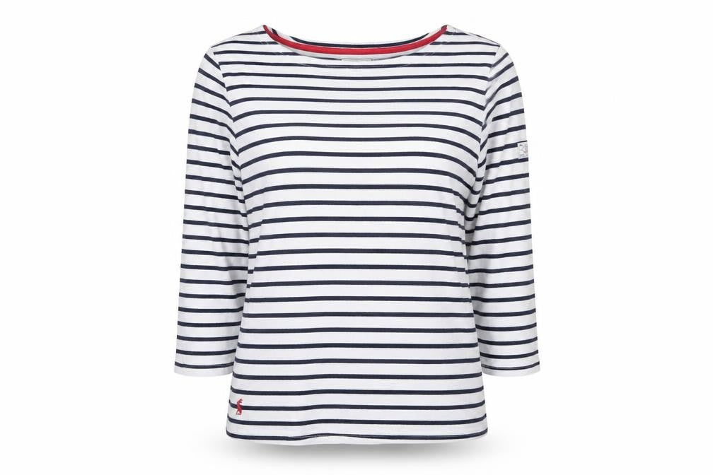 Joules Women White Navy Stripe UK 12 Basic Boat Neck Jersey Top