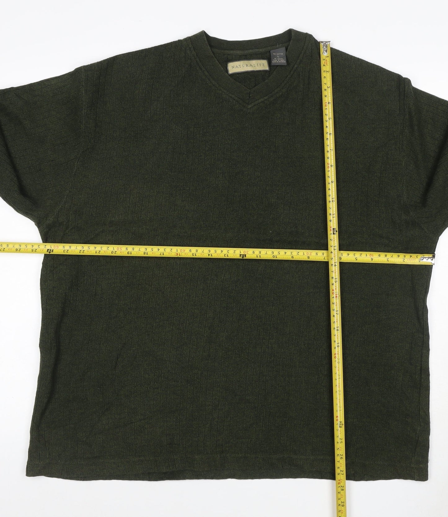 Naturalife Men’s Green L V-Neck Cotton Knit Pullover Jumper