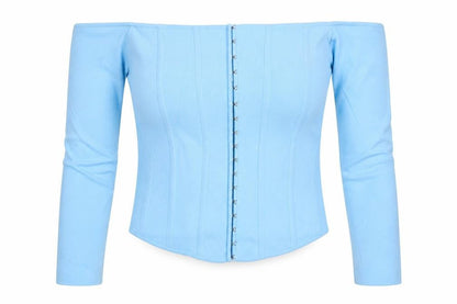 Zara Women Blue Off Shoulder Cropped Knit Hook & Eye Top Size L