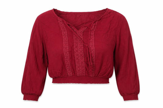 Hollister Women Red L Cropped Boho V-Neck Embroidered Long Sleeve Blouse