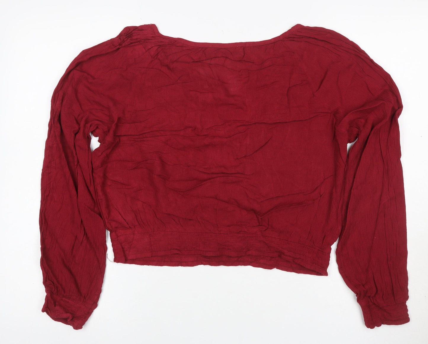 Hollister Women Red L Cropped Boho V-Neck Embroidered Long Sleeve Blouse