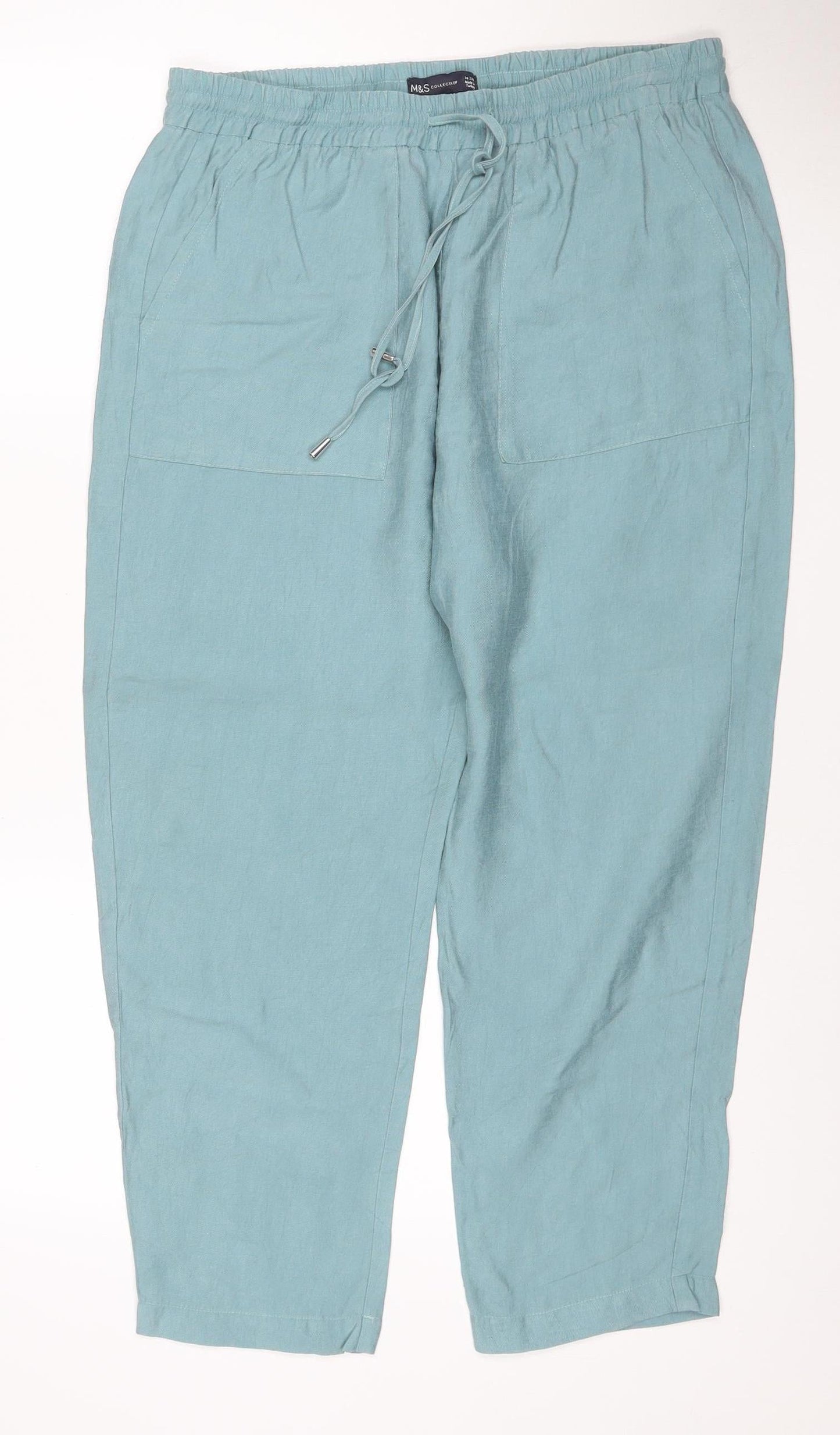 M&S Women Blue Size 14 Slim Lyocell Wide Leg Drawstring Trousers