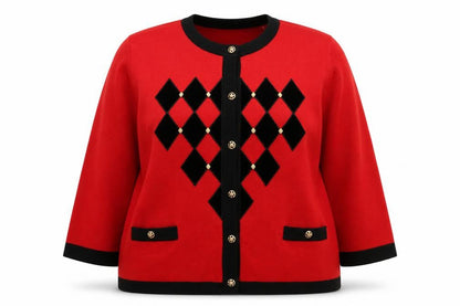Grazia Women Red Black Argyle Cardigan UK 22 Wool Blend Long Sleeve