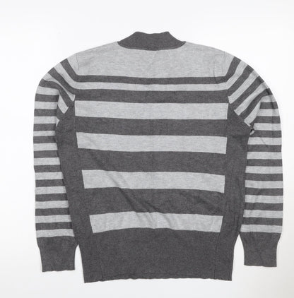 McCo Women’s Grey Striped High Neck Knit Jumper UK 14 Viscose Blend