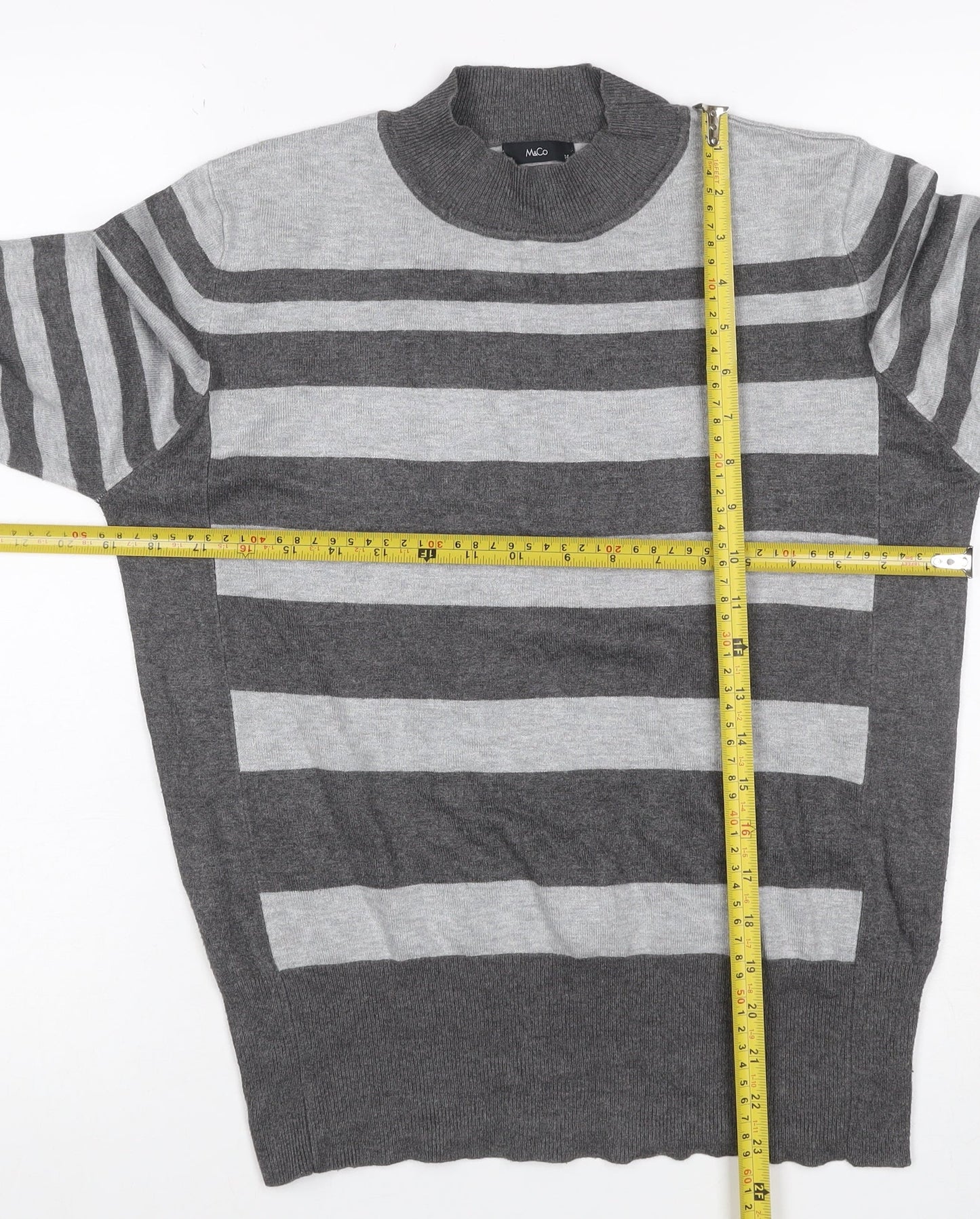 McCo Women’s Grey Striped High Neck Knit Jumper UK 14 Viscose Blend