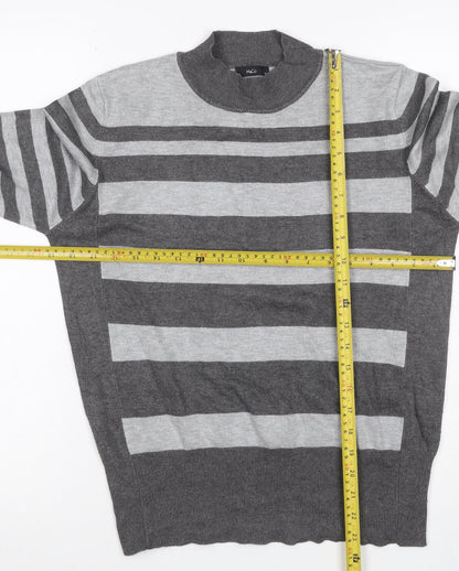 McCo Women’s Grey Striped High Neck Knit Jumper UK 14 Viscose Blend