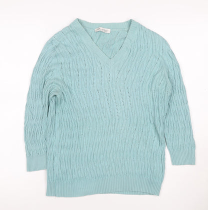 David Nieper Women Blue UK 16 V-Neck Cable-Knit Cotton Jumper