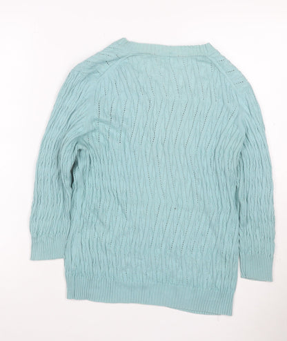 David Nieper Women Blue UK 16 V-Neck Cable-Knit Cotton Jumper