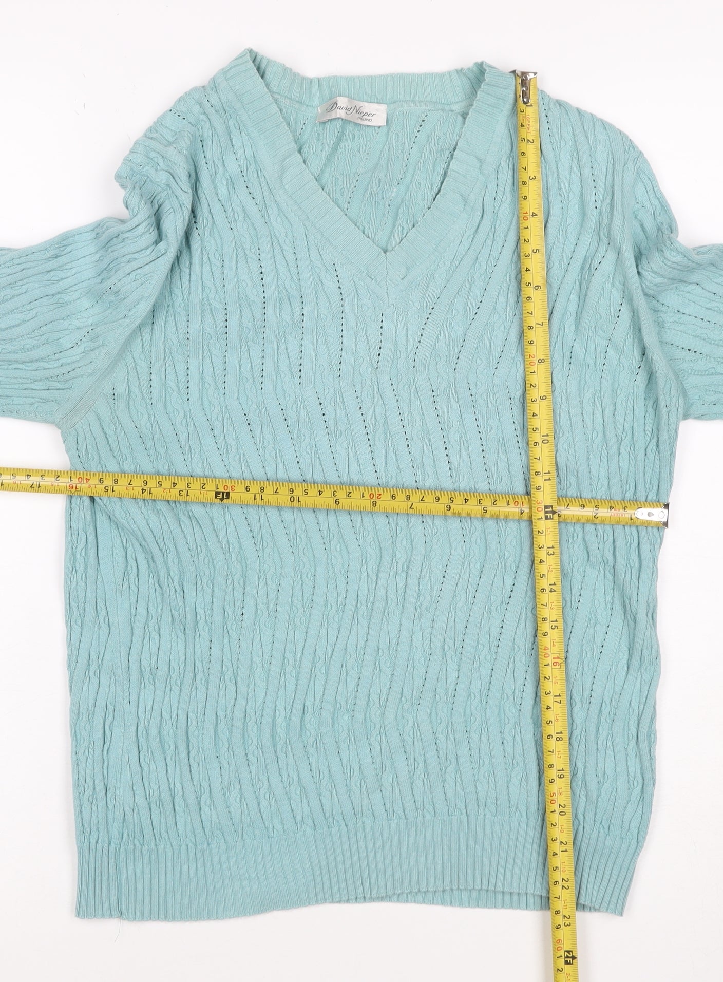 David Nieper Women Blue UK 16 V-Neck Cable-Knit Cotton Jumper