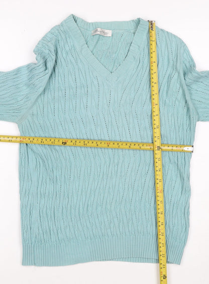 David Nieper Women Blue UK 16 V-Neck Cable-Knit Cotton Jumper