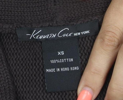 Kenneth Cole Women Brown XS Cotton Shawl Collar 3/4 Sleeve Cardigan