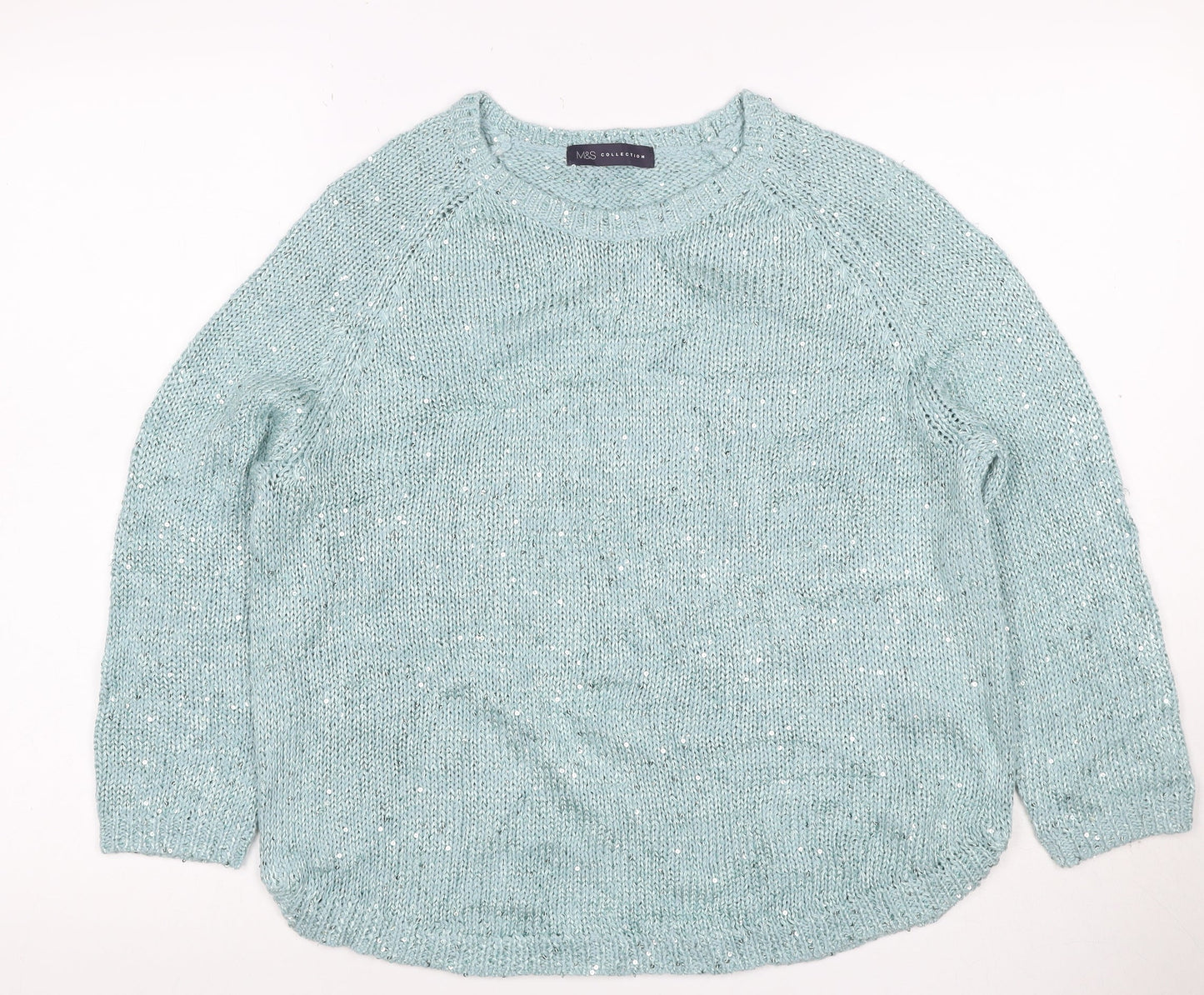 Marks and Spencer Women Blue UK 14 Sequin Knit Raglan Jumper