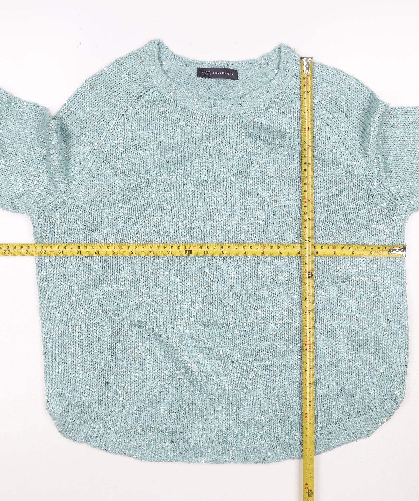 Marks and Spencer Women Blue UK 14 Sequin Knit Raglan Jumper