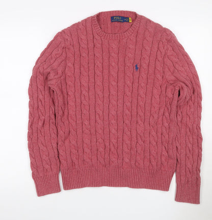Polo Ralph Lauren Men Pink M Cable Knit Cotton Crew Neck Jumper Logo
