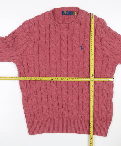 Polo Ralph Lauren Men Pink M Cable Knit Cotton Crew Neck Jumper Logo