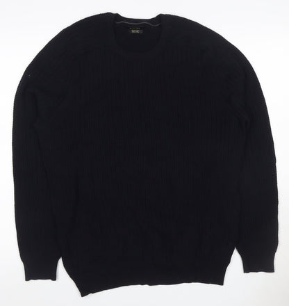 Massimo Dutti Men’s Black L Cable Knit Cotton Crew Neck Jumper