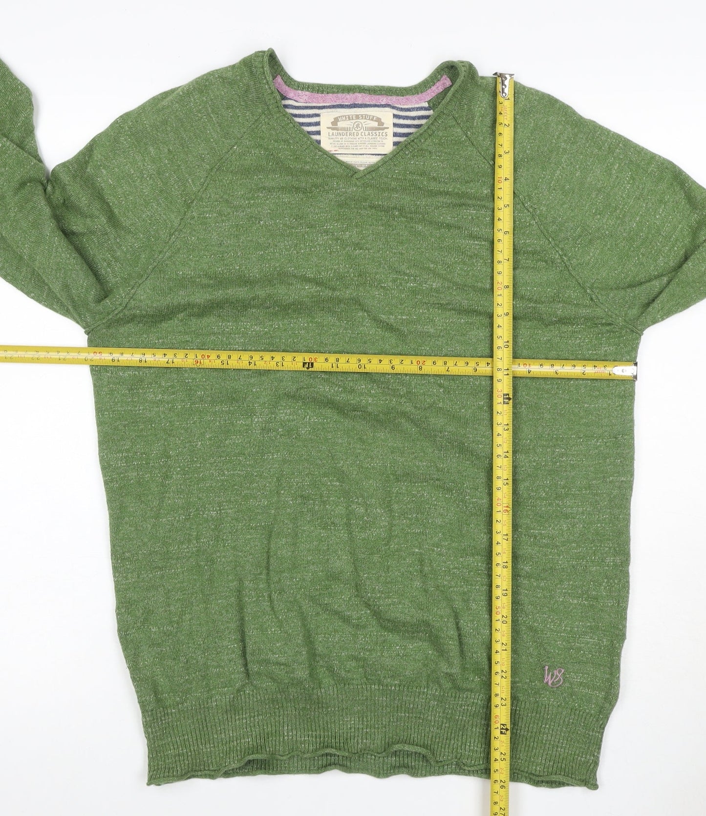 White Stuff Men’s Green M V-Neck Linen Cotton Knit Pullover Jumper