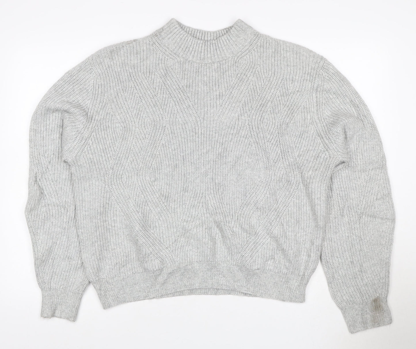 M&S Women Grey Size 12 Cable Knit Mock Neck Raglan Jumper