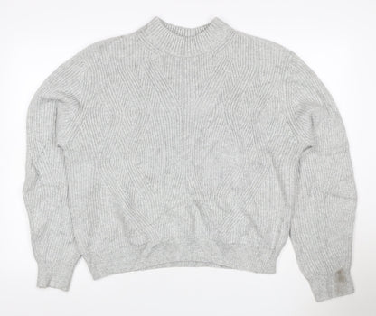 M&S Women Grey Size 12 Cable Knit Mock Neck Raglan Jumper