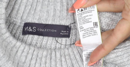 M&S Women Grey Size 12 Cable Knit Mock Neck Raglan Jumper