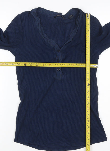 Scotch & Soda Women Blue S Ribbed V-Neck Ruffle Button Long Sleeve Top