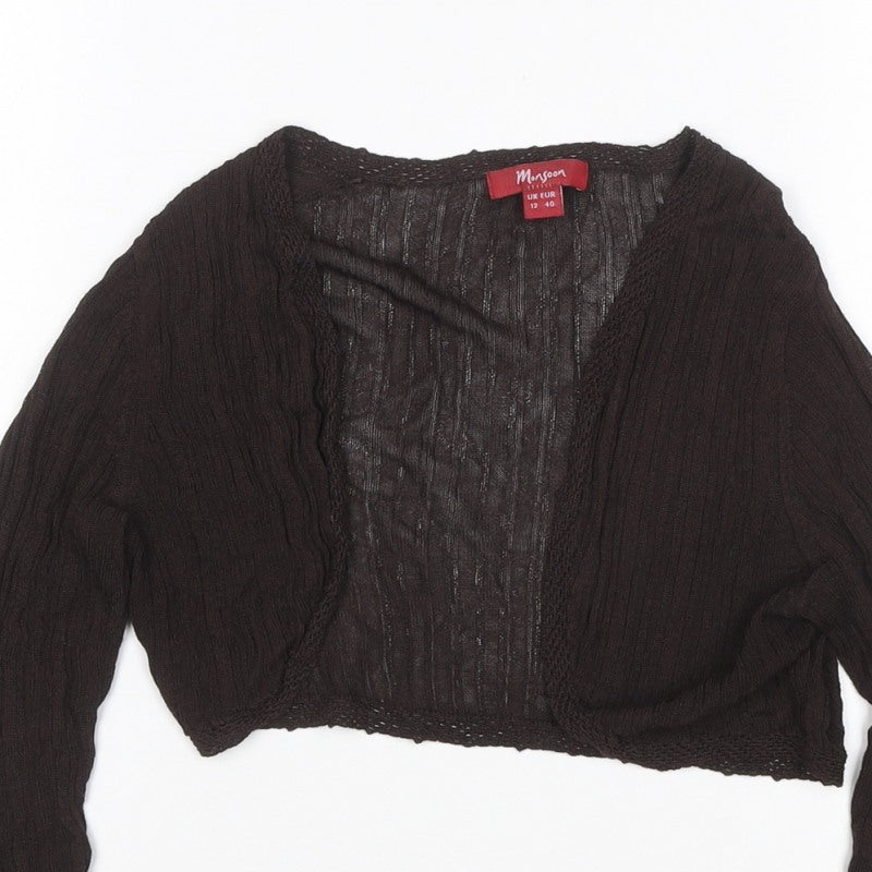 Monsoon Women Brown UK 12 Cropped Knit V-Neck Long Sleeve Top