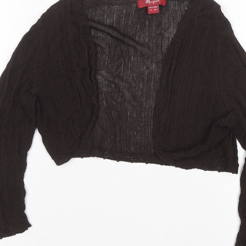 Monsoon Women Brown UK 12 Cropped Knit V-Neck Long Sleeve Top