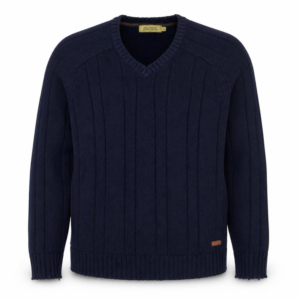 P.G. Field Men’s Blue Large Cable Knit V-Neck Acrylic Pullover Jumper