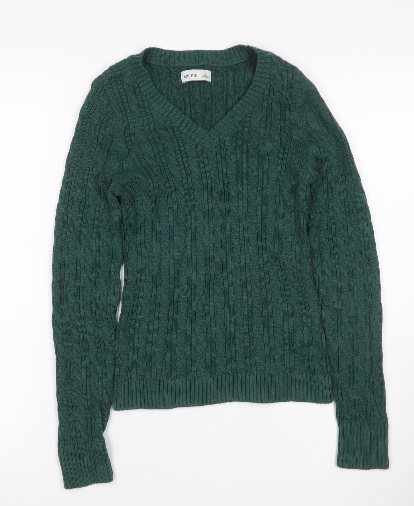 Hollister Women Green S Cable Knit V-Neck Cotton Pullover Jumper