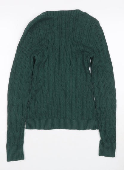 Hollister Women Green S Cable Knit V-Neck Cotton Pullover Jumper