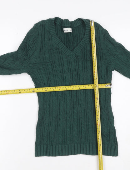 Hollister Women Green S Cable Knit V-Neck Cotton Pullover Jumper