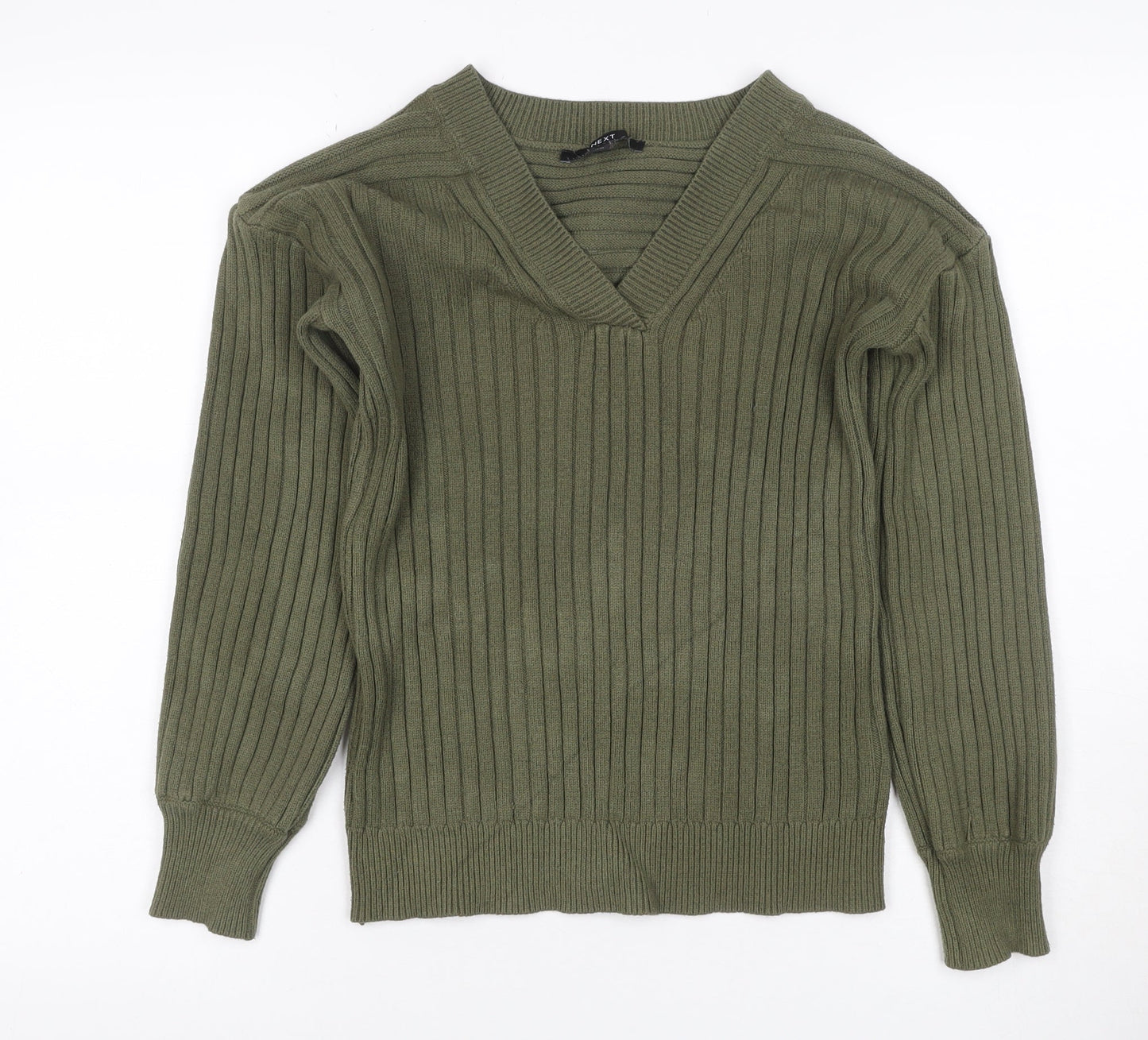Next Women Green UK 6 Rib Knit V-Neck Balloon Sleeve Pullover Jumper