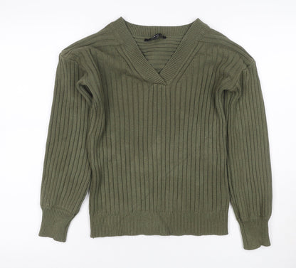 Next Women Green UK 6 Rib Knit V-Neck Balloon Sleeve Pullover Jumper