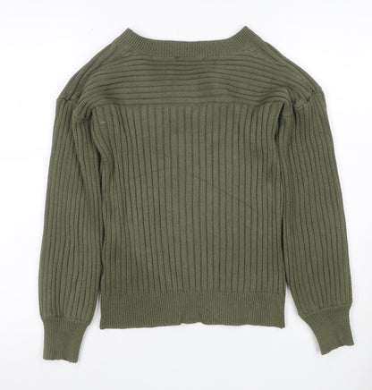 Next Women Green UK 6 Rib Knit V-Neck Balloon Sleeve Pullover Jumper