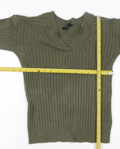 Next Women Green UK 6 Rib Knit V-Neck Balloon Sleeve Pullover Jumper